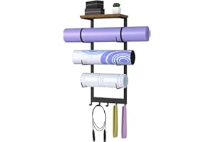 Yoga Mat Holder Wall Mount, Yoga Mats Storage Rack, Home Gym Wall Organizer Holder with Wood Floating Shelf and 5 Hooks, Stor
