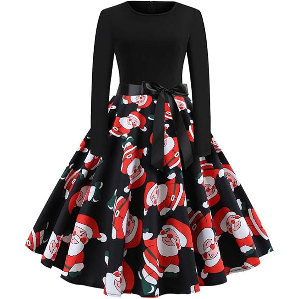 Robe De Noël Femme Élégante - Imprimé Renne Et Verres à Vin, Col Carré, Jupe Plissée, Style Rétro Années 50 Pour Fêtes - 4