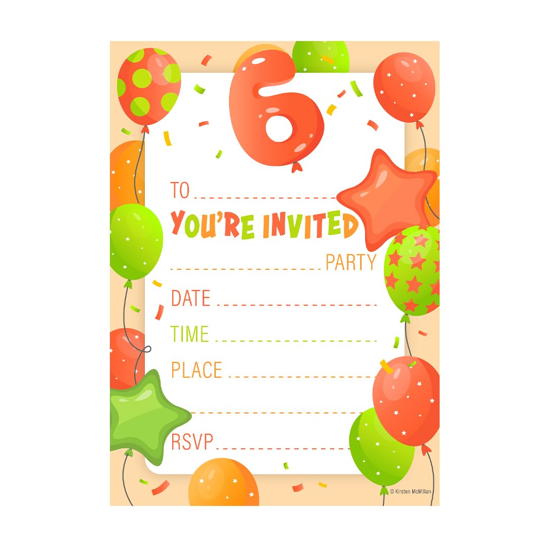 Kirsten McMillan 32 Orange Age 6 Birthday Party Invitations for Kids with Envelopes - Pack of 32 Balloon Party Invites for Girls & Boys - Designed and Printed in the UK
