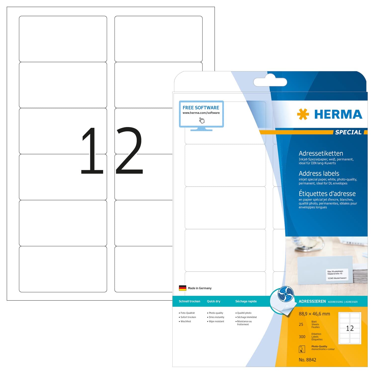 HERMA Self Adhesive Address Mailing Labels, 12 Labels Per A4 Sheet, 300 Labels For Inkjet Printers, 88.9 x 46.6 mm (8842), White