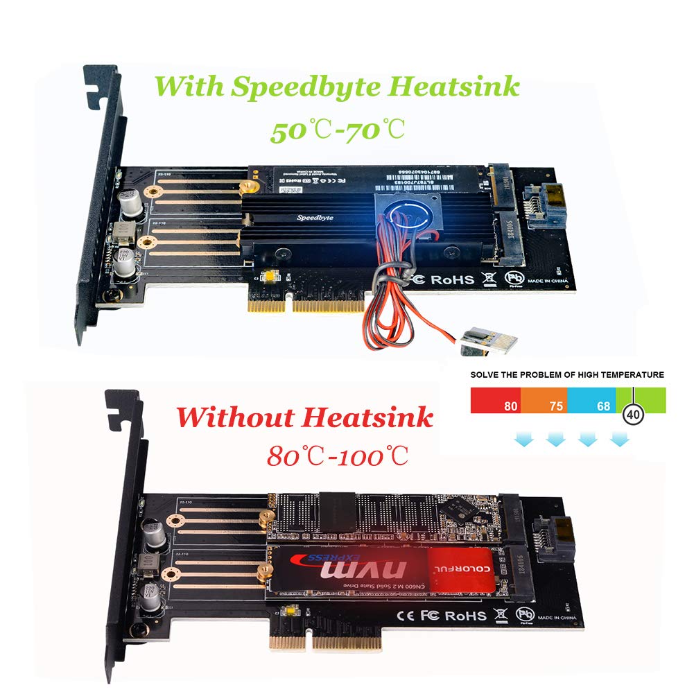 Dual M.2 PCIe Adapter, M.2 NVME SSD (M Key) or M.2 SATA SSD (B Key) 22110 2280 2260 2242 2230 to PCI-e 3.0 x4 Host Controller Expansion Card with SSD Fan Cooler Heatsink for PC Desktop,Black