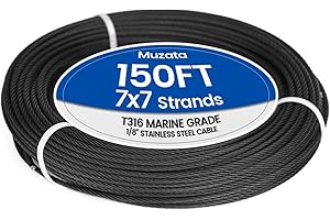 Muzata 150 ft 1/8" Black Stainless Steel Cable Railing System Hardware T316 Stainless Steel Wire Rope 7x7 Strands 1800 lb Breaking Strength Black Cable Railing Kit for Indoor Outdoor WR19