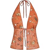 Milumia Women's Floral Embroidery Sequin Cami Tops Sexy Backless Sleeveless Split Hem Halter Top