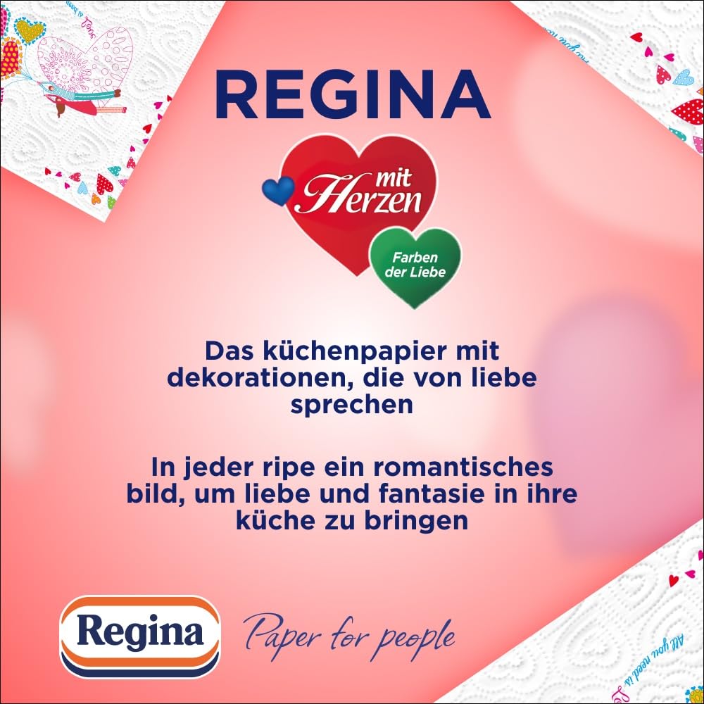 Regina mit Herzen Haushaltstücher - 32 Rollen-Packung (8 x 4 Einzelpackungen), 43 Blatt 3-Lagig, Super Saugfähig, Dick, Beständig, FSC Papier 2