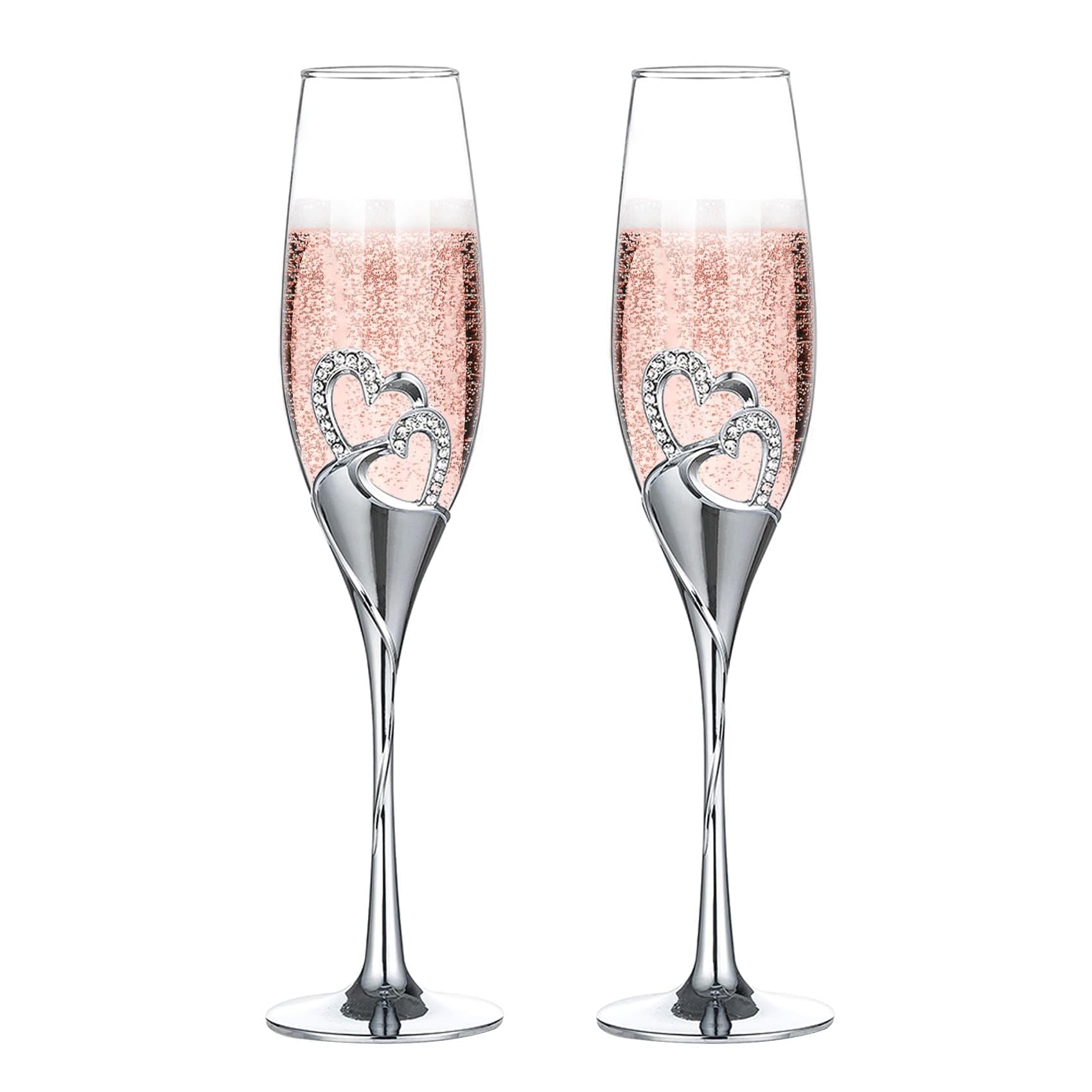 NUPTIO Silver Champagne Flutes Wedding: Set of 2 Heart Champagne Glasses Metal Crystals for Bride Groom Couples Engagement Gift