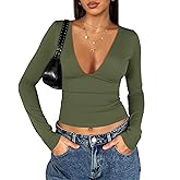 Tankaneo Women's Deep V Neck T Shirts Sexy Long Sleeve Casual Going Out Cropped Tops Slim Fitted Y2K Outfits