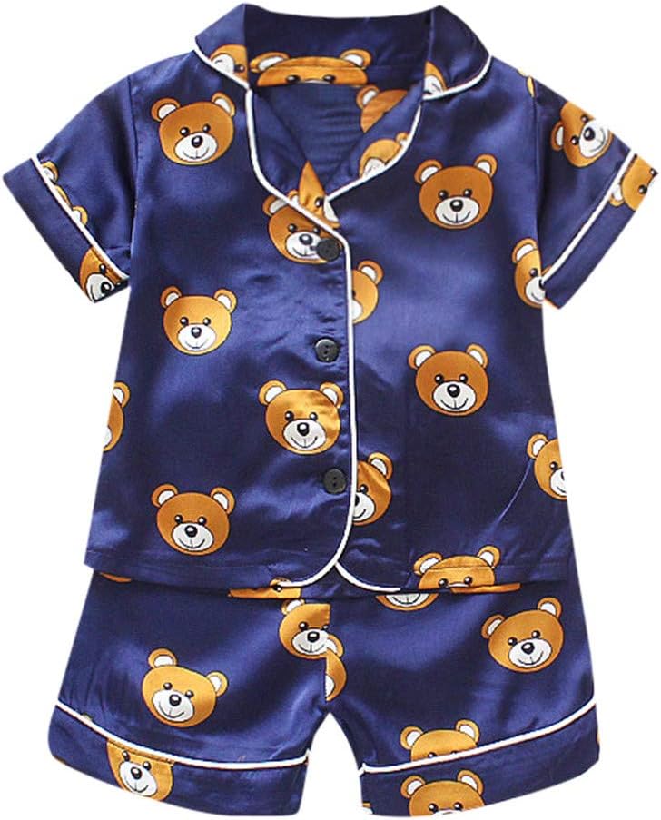 Toddler Kids Baby Boys Girls Pajamas Sets, Cartoon Bear Print Sleepwear Short Sleeve Top Shirt + Shorts Clothes Set Summer Silk Satin Nightwear for 0-3 Years