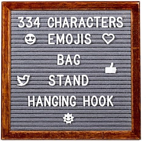 Felt Letter Board With Dark Wood Frame, Stand, Emoji Characters, 334 White Changeable Letters, Bag, 10x10 Inches (Gray)