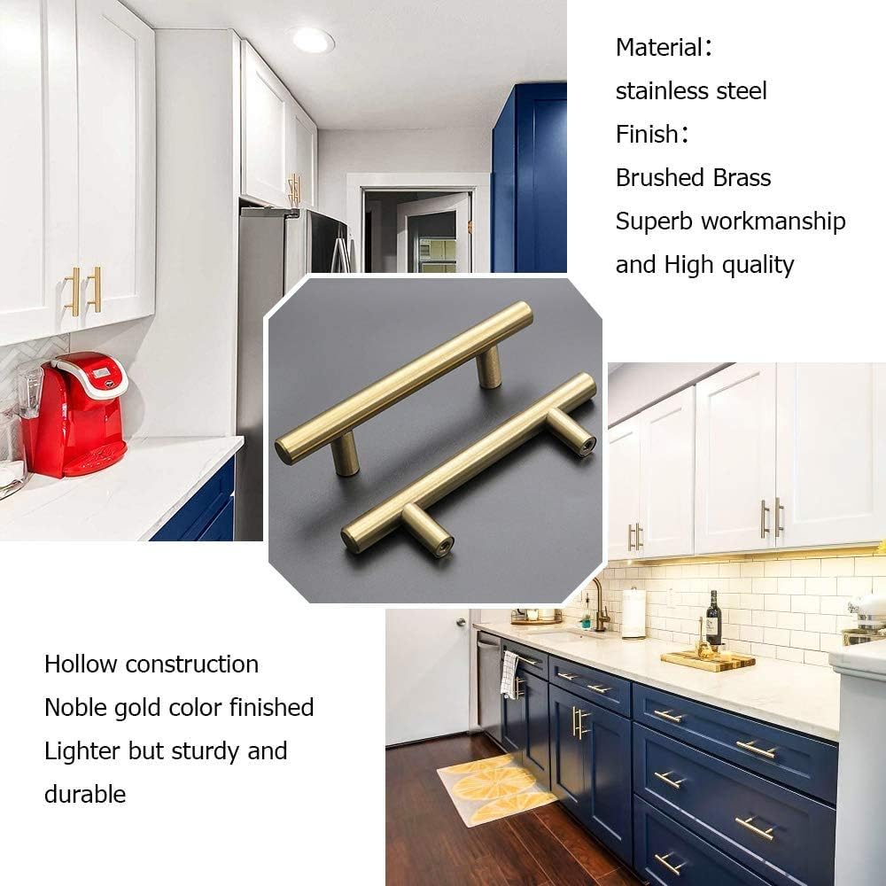 Goldenwarm® T-bar, furniture handles, hollow stainless steel kitchen cupboard door handles, gold coloured brass - Image 5