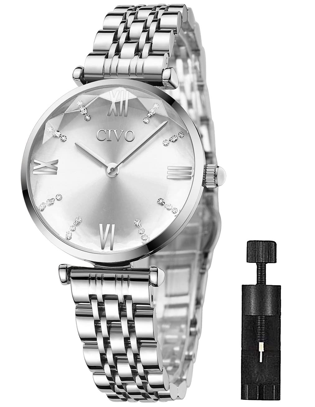 CIVO Women's Designer Silver Stainless Steel Elegant Ladies Watch - Waterproof Classic Dress Casual Wrist Watch for Woman