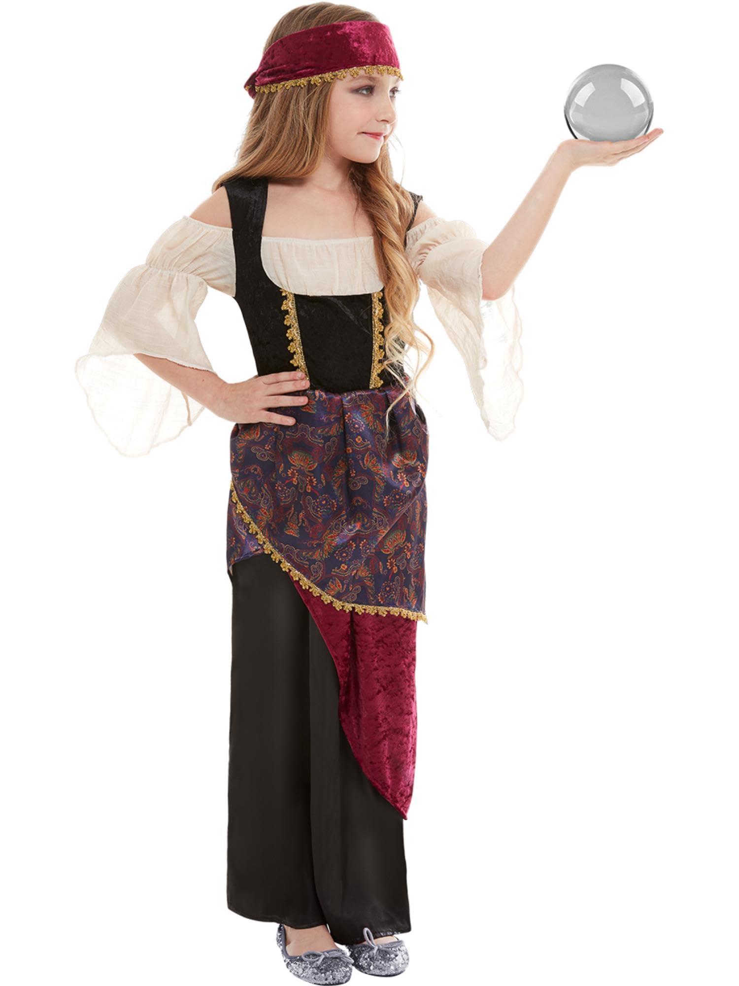 Smiffys Deluxe Fortune Teller Costume, Multi-Coloured with Dress & Headscarf, Girls Fancy Dress, Witch Dress Up Costumes