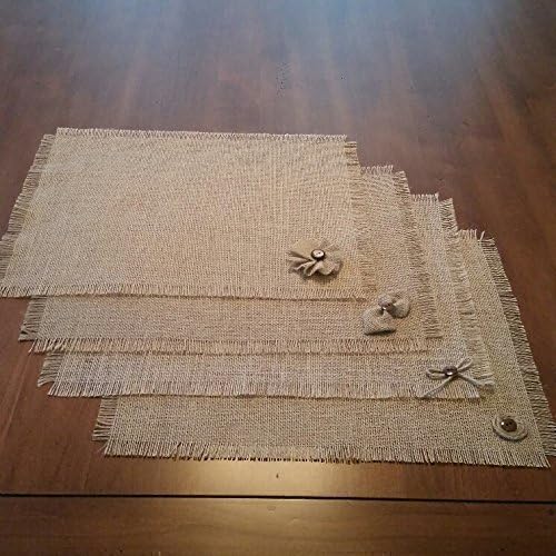Burlap Shabby Chic Placemats in Natural with a Handmade Button, Bow, Bow-tie or Flower Accent (Set of 4 or 6)