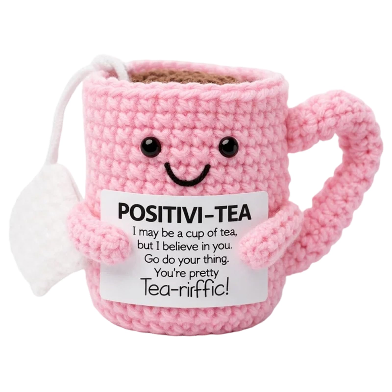 Gubilacrum Positive Crochet Animals, Handcrafted Emotional Support Crochet, Pink Cup Gift with Card, Thoughtful Present for Comfort and Positivity, Party Decoration Encouragement Good Luck Gifts