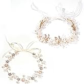 AEXHOT 2 Pcs Gold Flower Girl Headpiece Rhinestone Crystal Wedding Headband Bridal Pearl Flower Headband for Women Hair Accessory