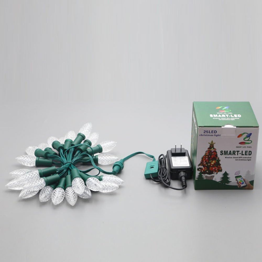Bluetooth Smart Outdoor Led String Lights, C7 Sized, Long life Up to 50000Hours, RGB color changeable, 12 Fts Commercial IP68 Waterproof Christmas Lights, UL listed driver, Bluetooth controller