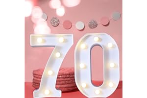 LOVELITE 8.8" Decorative LED Light Up Numbers, Marquee Numbers Lights for 70th Birthday Decorations, Lighted Number Sign for Birthday Party Night Lights Anniversary Backdrop Home Decor, White Number 70