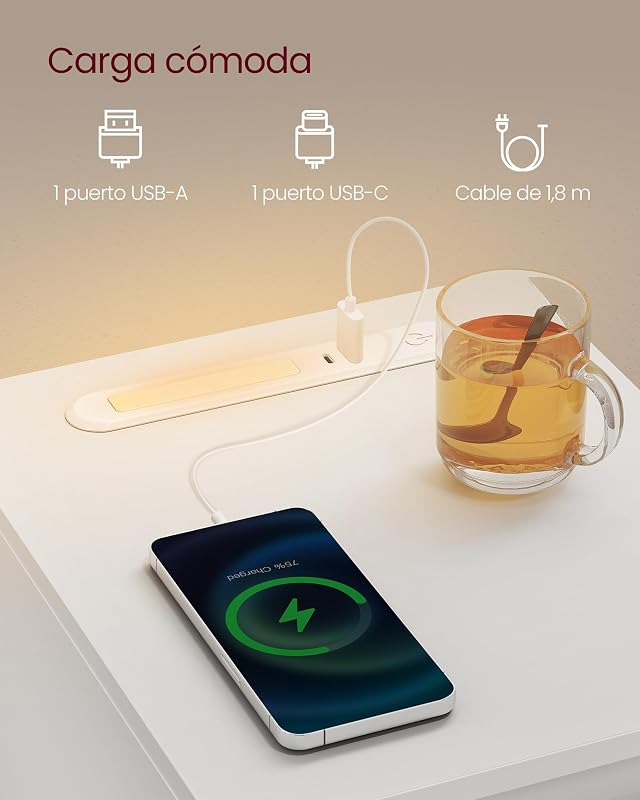 2 mesas de cabeceira estreitas, com iluminação LED