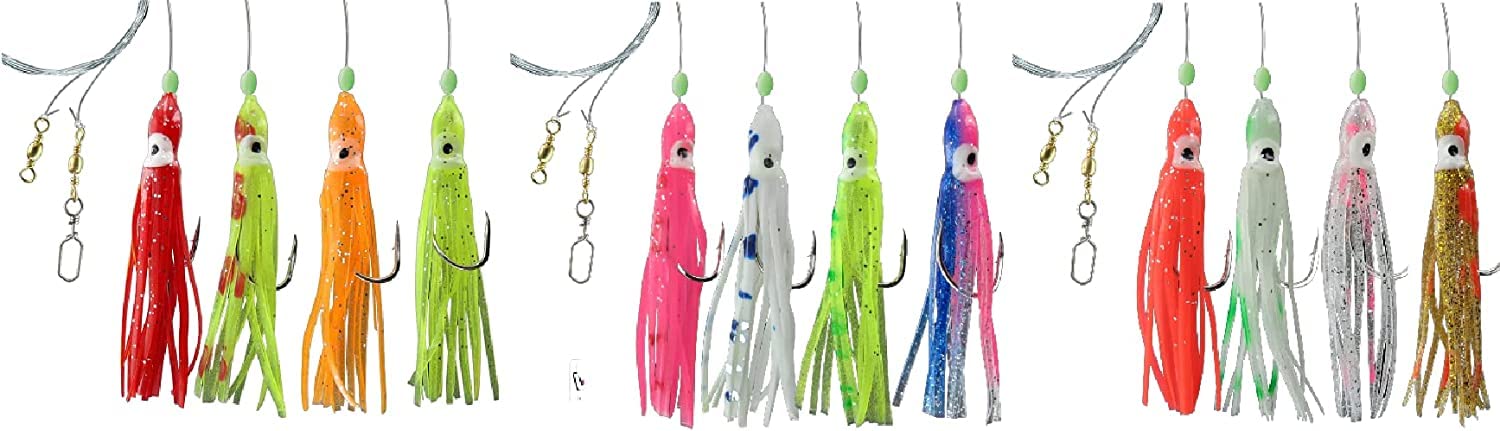 Set of 3 Sea Leaders by Dega by Jenzi Rubber Octopus 4 Arms Luminous Fishing Bait Octopus Norway Fully Assembled Length 115 cm, Cord Thickness 0.70/0.60 mm, Hook Size 3/0
