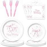 Pink Bow Birthday Party Supplies, 96Pcs Coquette Birthday Decorations Includes Napinks Plates Forks Pink Bow Theme Tableware Party Supplies