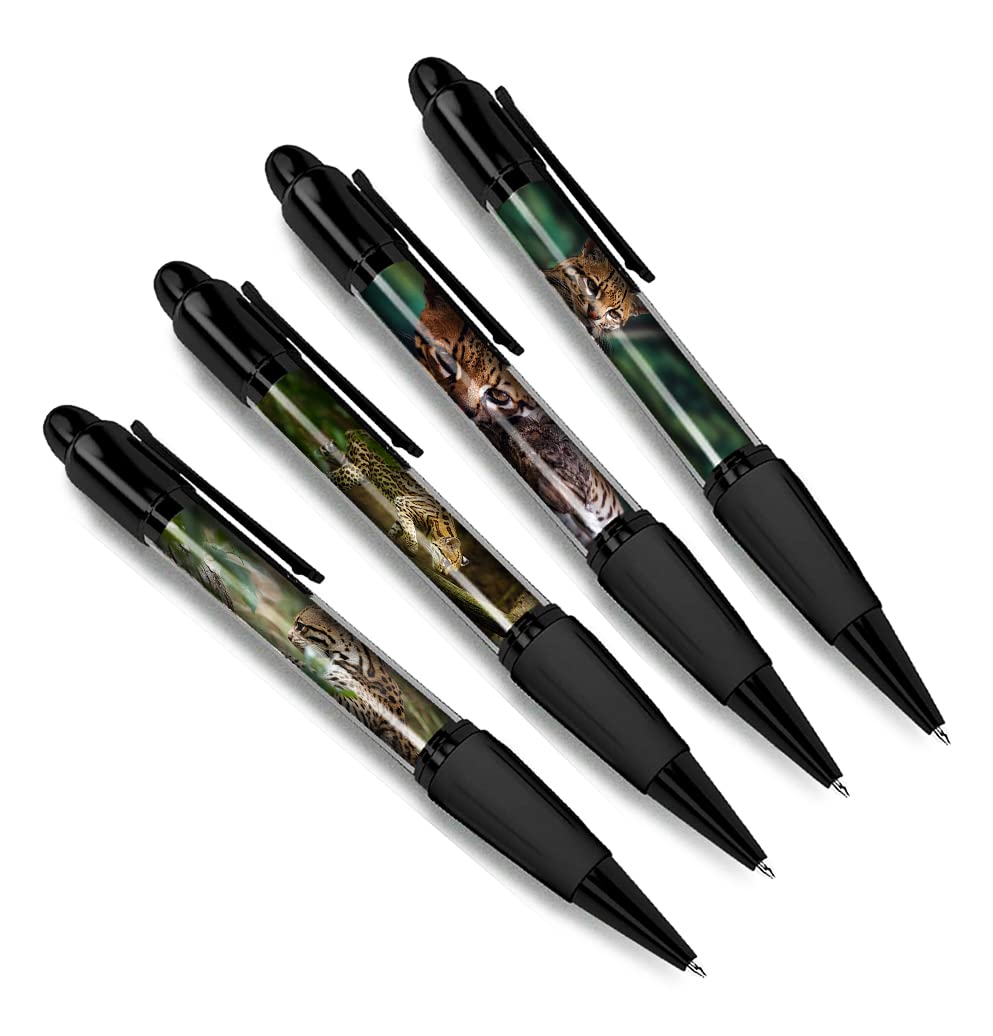 DV DESIGN Set of 4 Ocelot Black Ballpoint Pens - Big Cat Animal Nature Wildlife Wild Travel Portrait Boys Girls Men Women Theme Pen #79467