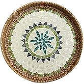 Round Rattan Tray with Mother of Pearl Inlay, Decorative Wicker Serving Tray with Wooden Base, Coffee Table Tray (Brown and Green)