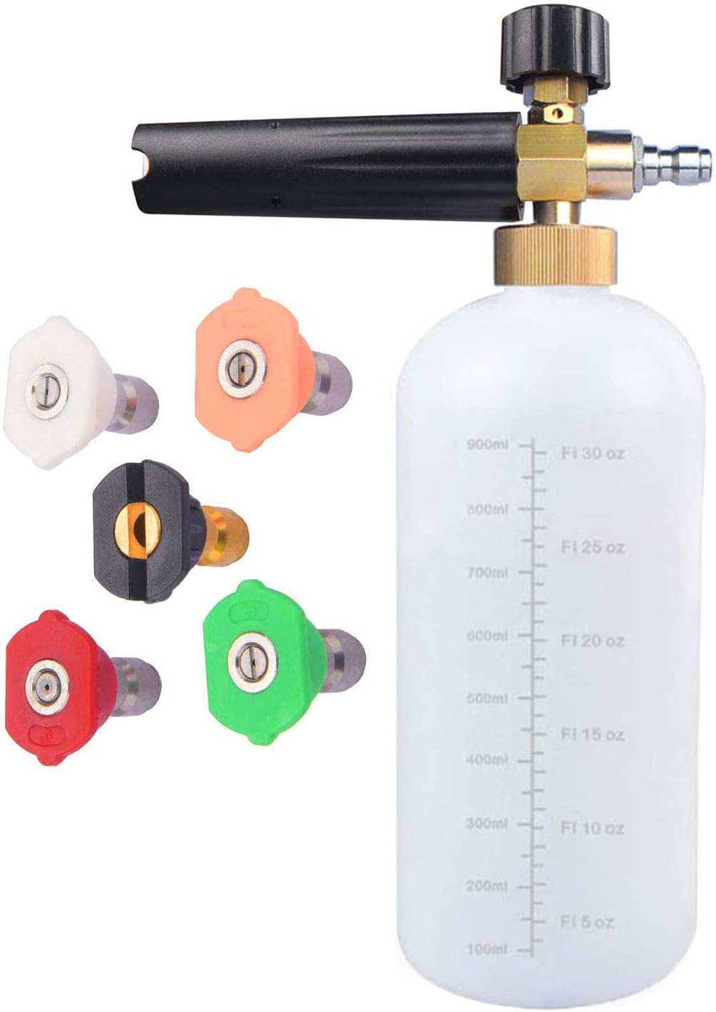 JWGJW Snow Foam Lance, Pressure Washer Spray Nozzle Tips Multiple Degrees, 1/4 INCH (2.5 GMP) .car wash. (5 high Pressure Water Nozzle and 1 Litre Capacity)