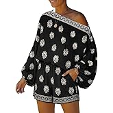 CHICME Women's 2 Piece Boho Outfit Lantern Sleeve Linen Top and Shorts Set Beach Vacation Summer Outfits