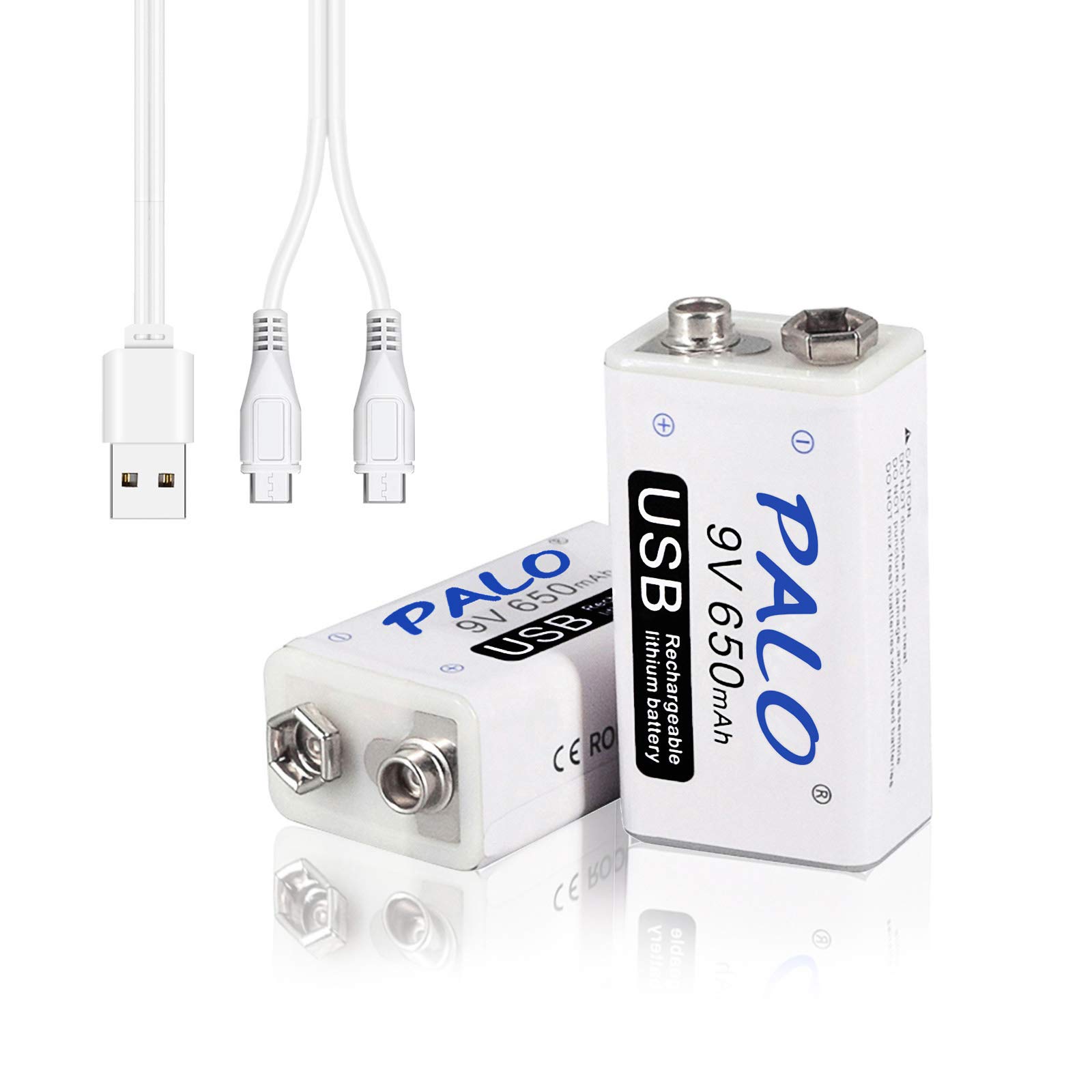 CITYORK 9V USB 650mAh Rechargeable Li-ion Batteries with USB Cable for Microphone, Smoke Alarm, Toy, Remote Control and More Device (2 Pack) (650mAh*2)