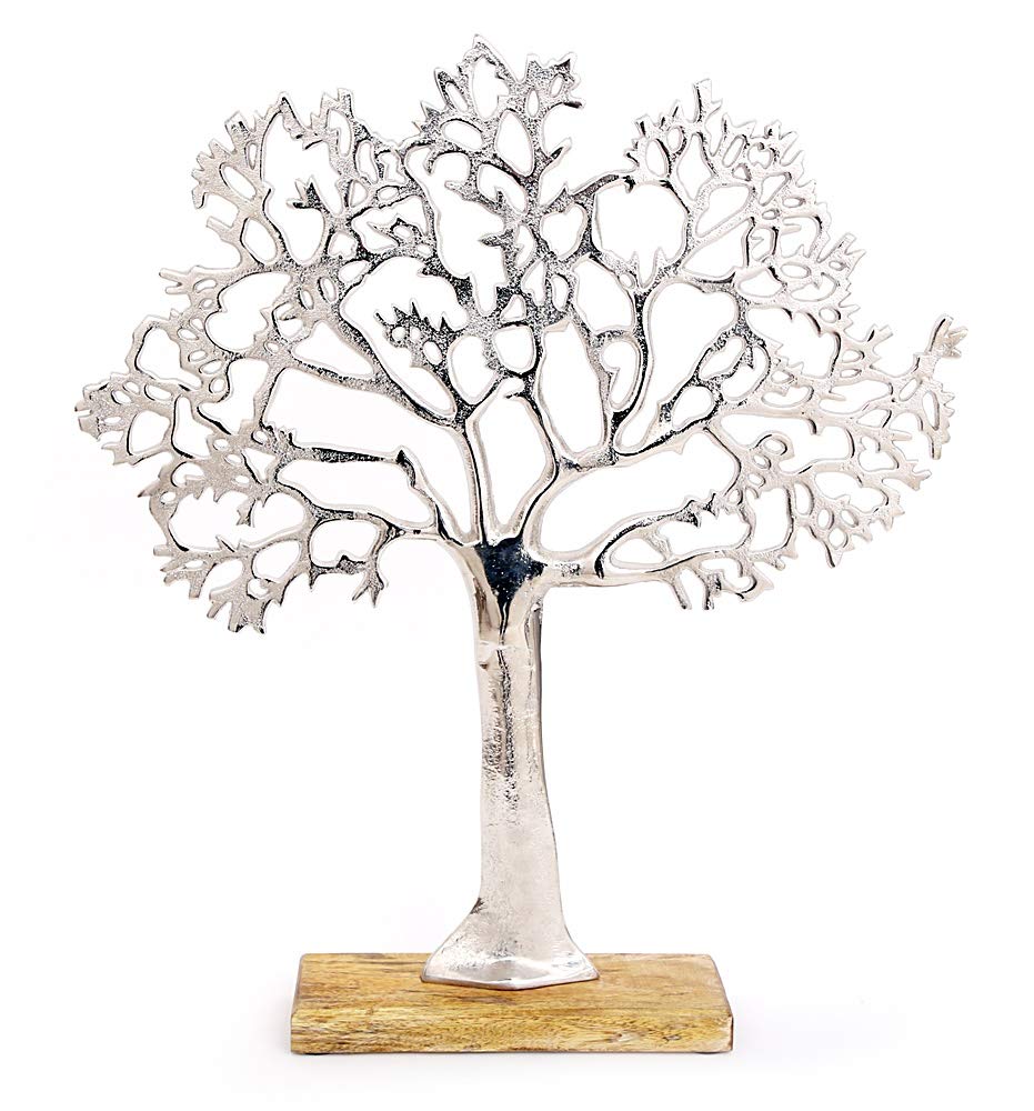 F&G Supplies Extra Large Beautiful Polished Aluminium on Wood 'Tree of Life' Sculpture Decoration Jewellery Stand - 63cm