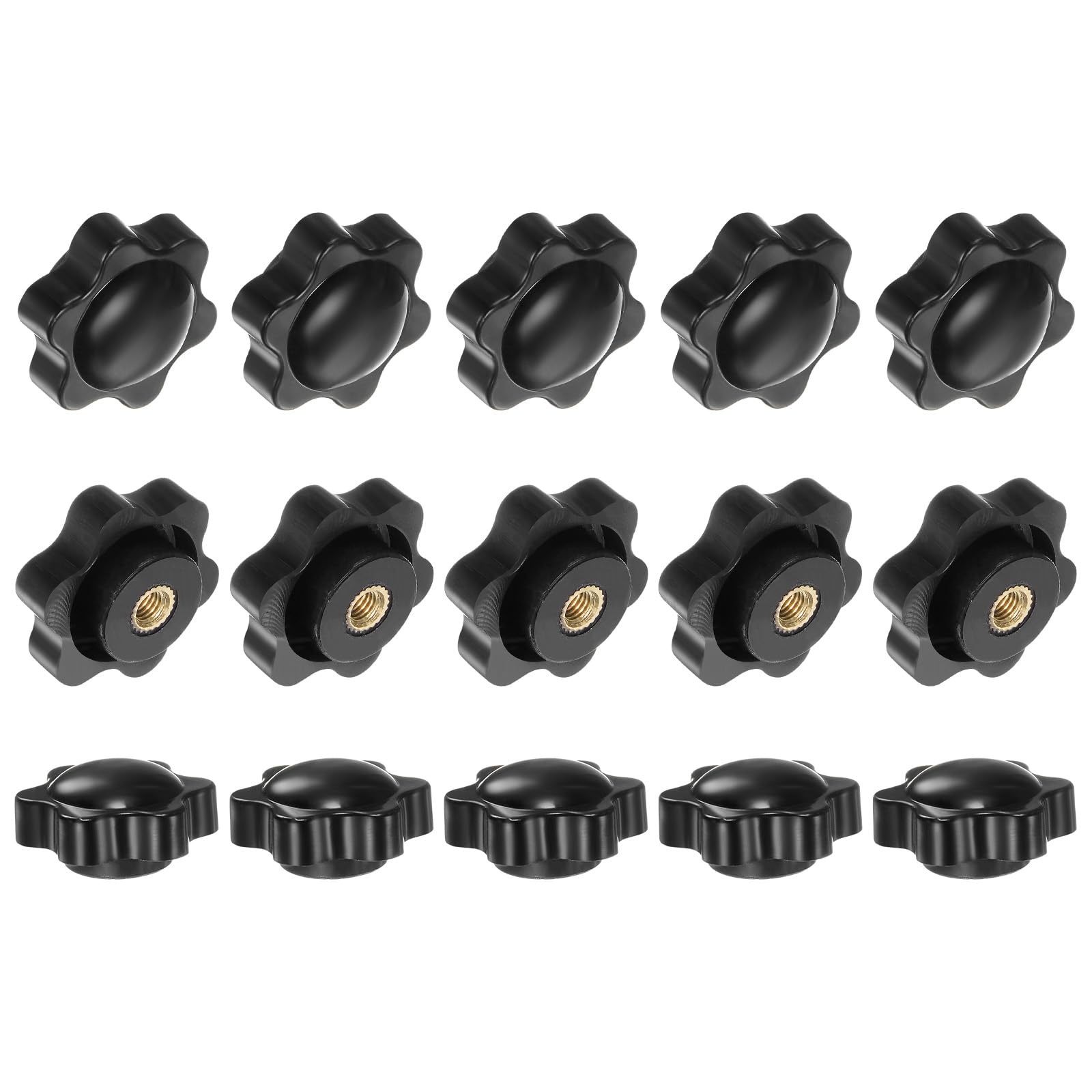 M METERXITY 15-Pack 6 Star Knobs, M4 Female Thread 25mm Hexagon Head Blind Hole Clamping Grip Handles for Machinery/Electronic/Woodworking, Brass Screw-On Threaded Knob [Black]