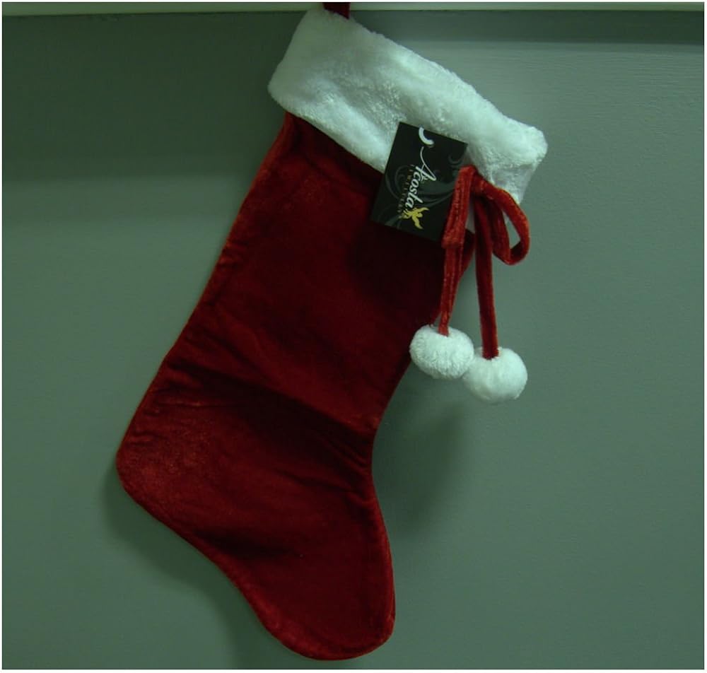 Traditional Red Christmas Stocking Velvet Effect with White Fur & Pom