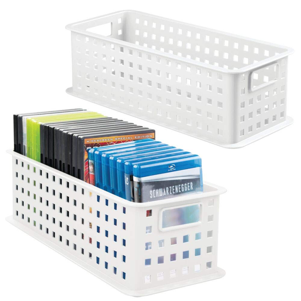 mDesign Set of 2 DVD Storage Box – Stackable DVD and CD Holder Box with Handles – Suitable for DVD, Game and CD Storage – White