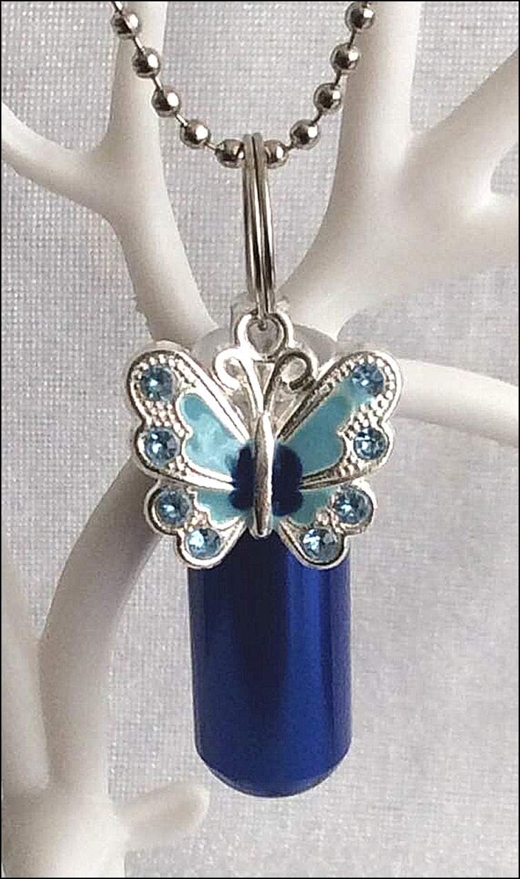 The Blue Butterfly Cremation Jewellery Ashes Memorial Mourning Urn with Jewellery Pouch and Fill Kit. (Blue, Necklace)