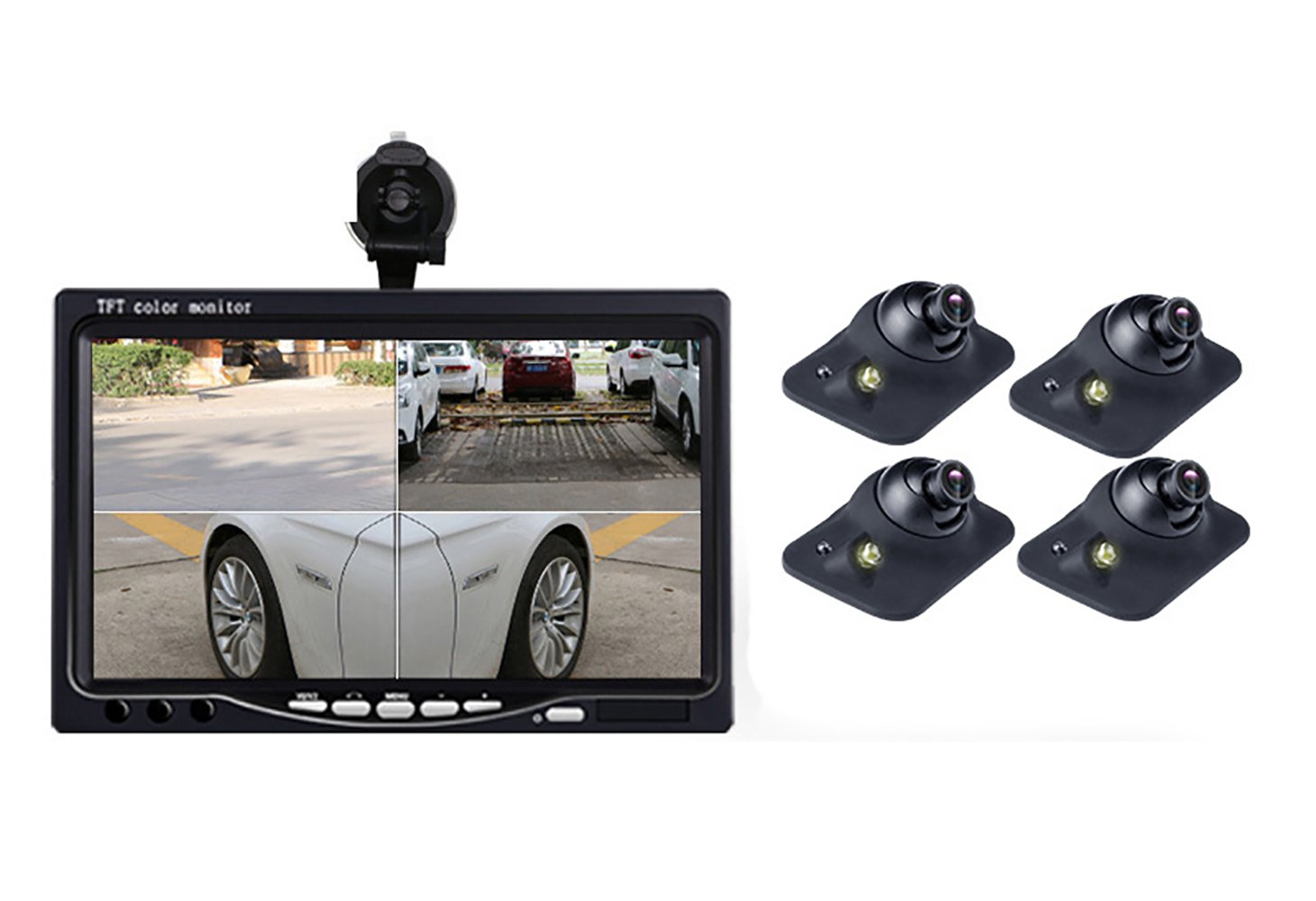 完売 Obest 7インチ4分割対応液晶モニター 4個防水赤外線暗視バックカメラ バックカメラモニターセット バックカメラ4個搭載 12v 24v両対応 前方死角カメラ フロント バックカメラ兼用 正像 鏡像切替 モニター 3カメラ B079ggrjxz モニター 3カメラ モニター 3