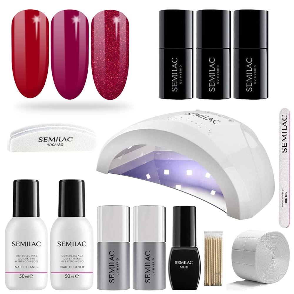 Semilac Love Me Gel Nail Starter Set Kit with UV 24/48W Nail Lamp, 3 Soak Off Gel Polish Colours, (Red) Manicure Tools, Top No Wipe & Extend Base Coat, Top Mat, Remover, Cleaner & More
