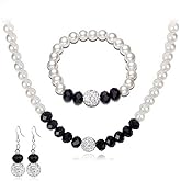 MJartoria Womens Black and White Faux Pearls Necklace Earrings Bracelet Wedding Jewelry Sets Costume Party(Black+White)