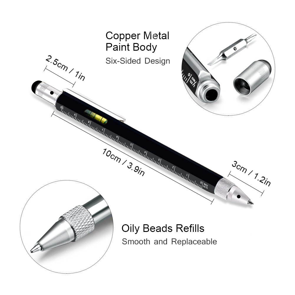 Alintor Multi Pen with Stylus, Multi Functional Pocket Tool, Touch Screen Stylus Pen, Ballpoint Pen with Scale Ruler, Sturdy Aluminum DIY Tool, Gifts for Men (Black)