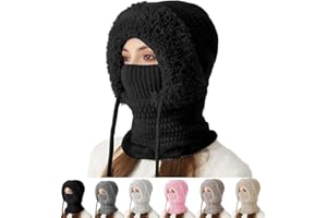 3 in 1 Women Balaclava Winter, Beanie Hat for Women, Cold Knitted Hats Wind Resistant Hooded Scarf, Thick Plush-Lined
