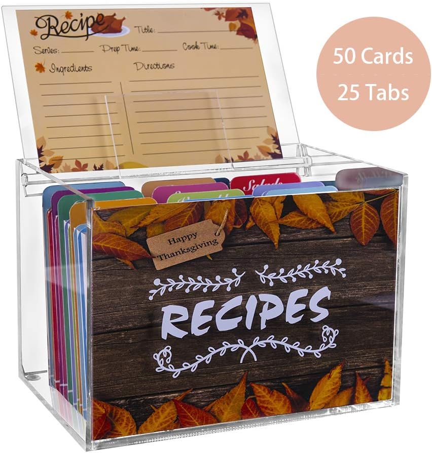 SICOHOME Recipe Box with 50 Recipe Cards 4x6 and 25 Dividers,Acrylic,Perfect Kitchen Cooking Gift Set for Mom Women
