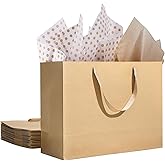15.7" Extra Large Brown Gift Bags for Presents with Tissue Paper & Ribbon Handles for Shopping, Small Business, Birthday Party, Baby Shower, Bridal Party, Wedding, Christmas and Holiday (12 Packs)