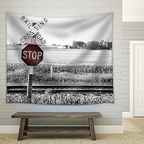 Railroad Crossing with Stop Warning Sign - Fabric Wall Tapestry Home Decor - 51x60 inches