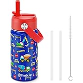 Fimibuke Kids Insulated Water Bottle, 14oz BPA FREE 18/8 Stainless Steel Travel Tumbler Double Wall Vacuum Leak Proof Kids Cups with Straw Metal Water Bottles for School Boys Girls (1 Pack, Trucks)