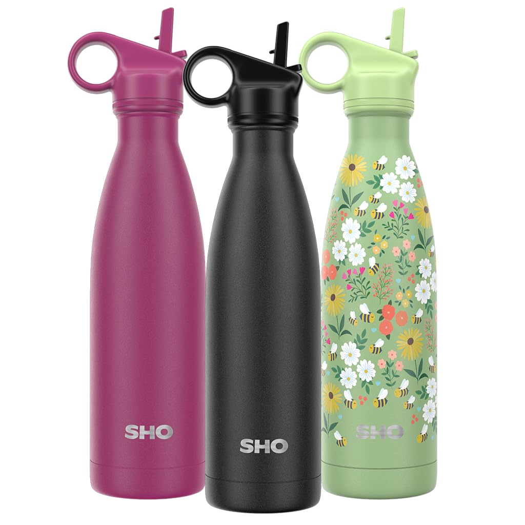 SHO Stainless Steel Water Bottle with Straw and Screw Lid - Leakproof, BPA Free, No Sweat, Vacuum Insulated Double Walled Metal Flask, 500ml - Original 2.0-12 Hours Hot 24 Hours Cold (500ml, Black)