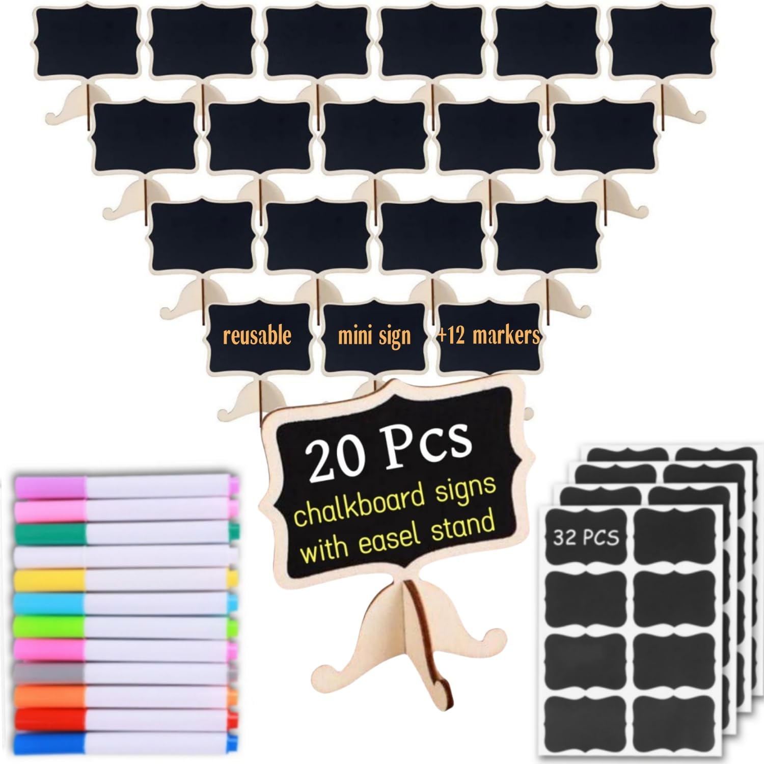 Photo 1 of 20 Pack Wood Mini Chalkboards Signs, Food Labels Place Cards Small Blackboard for Party Buffet Table Sign Chalkboard Wedding Bakery with 12 Makers and Blackboard Stickers
