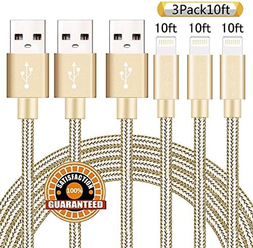 Suanna iPhone Charger 3Pack 10FT Nylon Braided Certified Lightning to USB iPhone Cable Cord for iPhone X 8 7 Plus 6S 6 SE 5S 5C 5, iPad 2 3 4 Mini Air Pro, iPod Nano 7 (Gold)