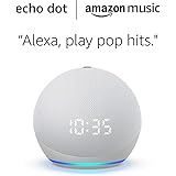 Echo Dot w/clock (4th Gen) and 6 months of Amazon Music Unlimited FREE w/ auto-renewal - Glacier White
