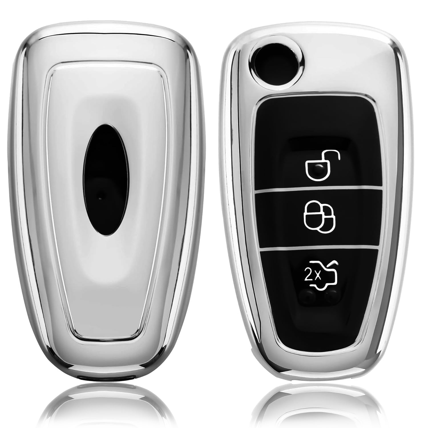 HooRLZ Ford Key Fob Cover Compatible with Ford Transit Custom Focus Fiesta Galaxy Mondeo MK8 Connect, 3 Button Tpu Ford Transit Key Cover, Focus Key Cover Silicone - Silver