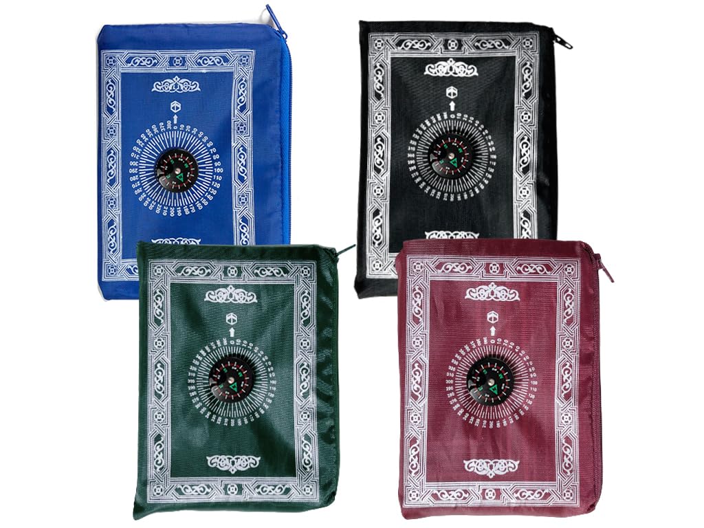 Abiyou 4 Pieces Muslim Prayer Mat With Compass - Portable Polyester Rug for Travel, Islamic Worship, Ramadan Gifts
