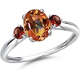 Gem Stone King 10K White Gold Ecstasy Mystic Topaz and Red Garnet 3-Stone Ring For Women | 1.80 Cttw | Oval 8X6MM | Gemstone November Birthstone