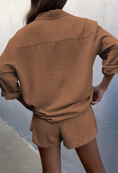 DEEP SELF LOUNGE SETS 2 PIECE BUTTON UP PAJAMAS FOR WOMEN LONG SLEEVES SHIRT AND SHORTS MATCHING LOUNGEWEAR WITH POCKETS BROWN
